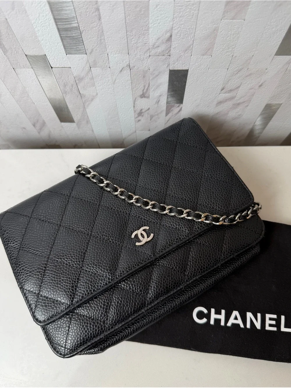 ♠️CHANEL Black Caviar Quilted Wallet On Chain WOC Silver Hardware Crossbody Bag